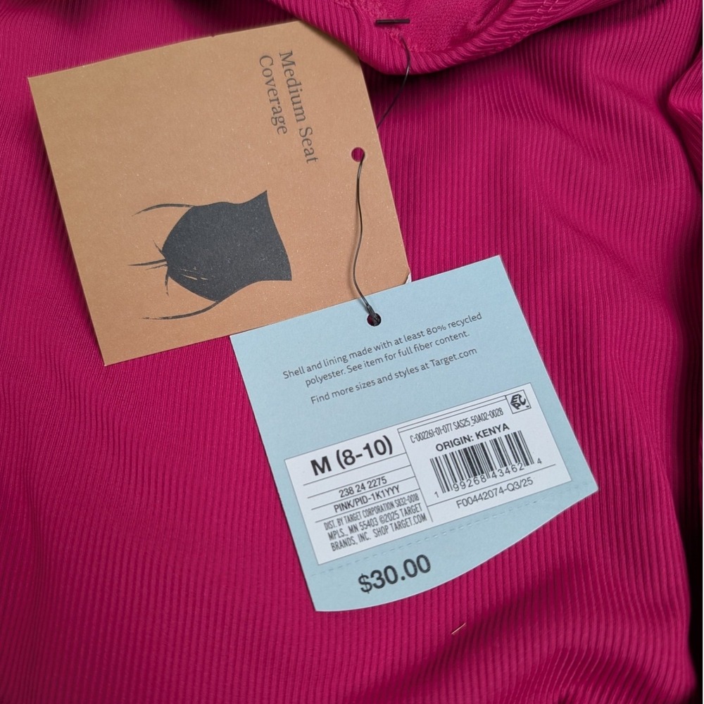 Shade & Shore One Pc Swimsuit Womens M 8/10 Pink NWT Ribbed Cinched Side Ruched - Picture 2 of 4